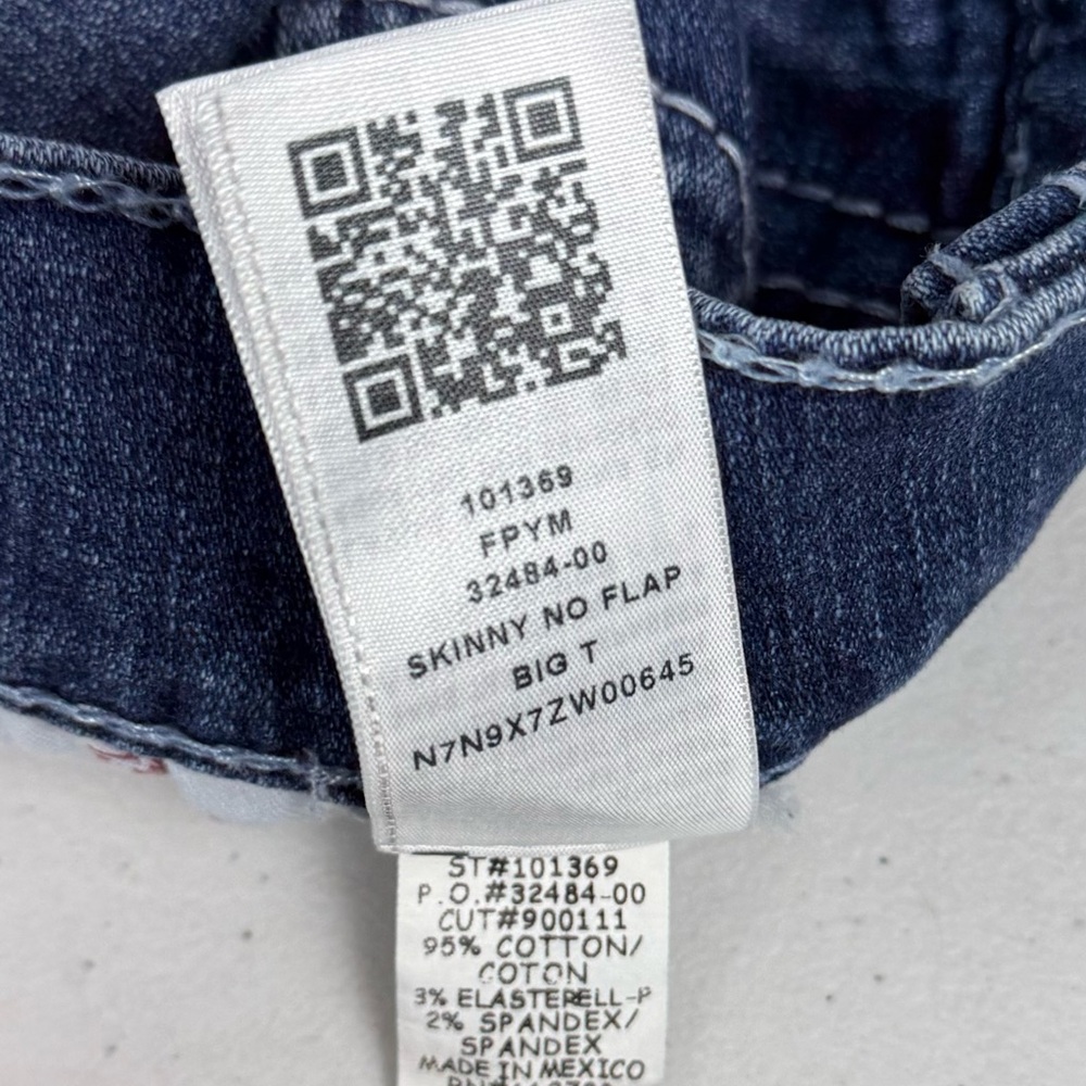 True Religion Men 30 Jeans Skinny No Flap Pockets Blue Contrast Stitch Big T EUC - Picture 11 of 11